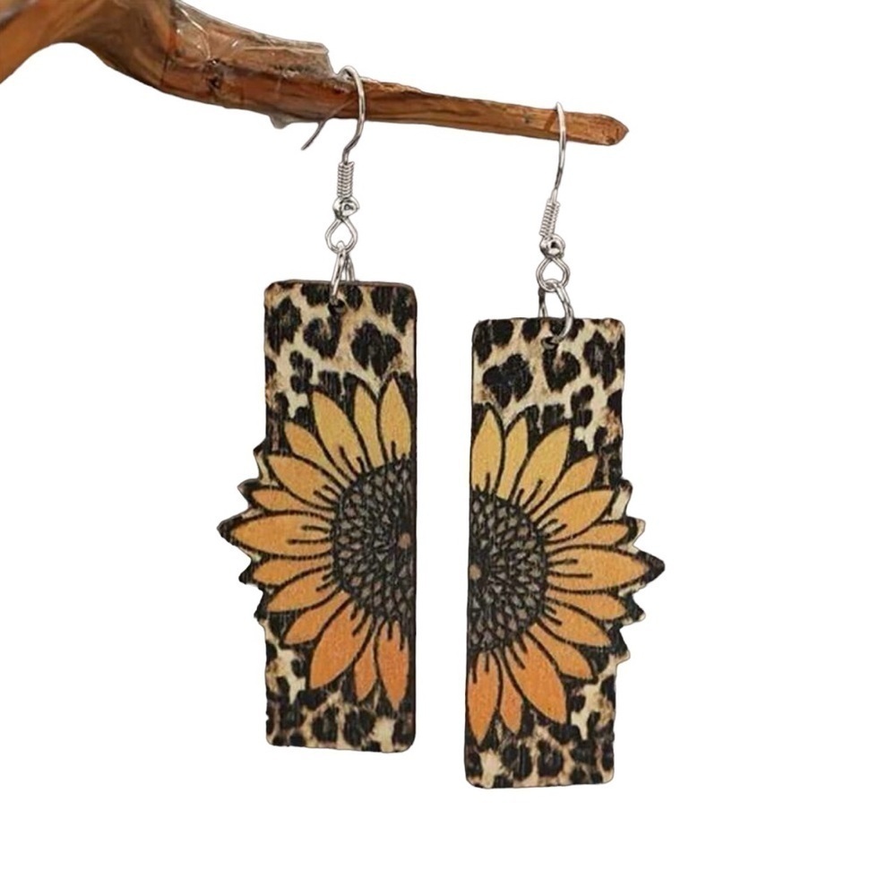 Leopard Print and Sunflower Shaped Wooded Drop Fashion Earrings
